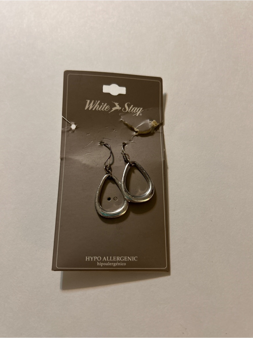 NWT Vintage White Stag Silver Open Teardrop Hoop Earrings Hypoallergenic